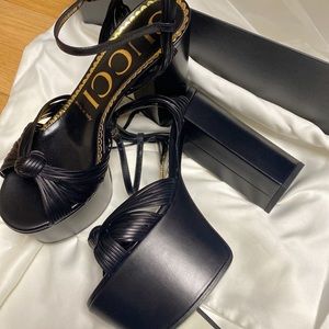 GUCCI SHOES CRAWFORD KNOTTED BLACK LEATHER PLATFORM SANDALS $1,100 sz 36